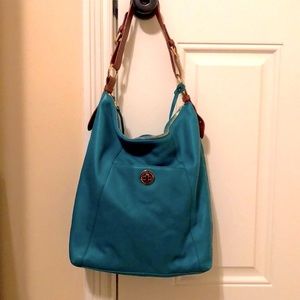 EUC Isaac Mizrahi turquoise full grain leather tote with brown handle strap-